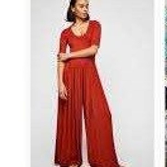 Free People Beach Pants - Free People Beach Red Short Sleeve Pleated Palazzo Wide Leg Jumpsuit MEDIUM